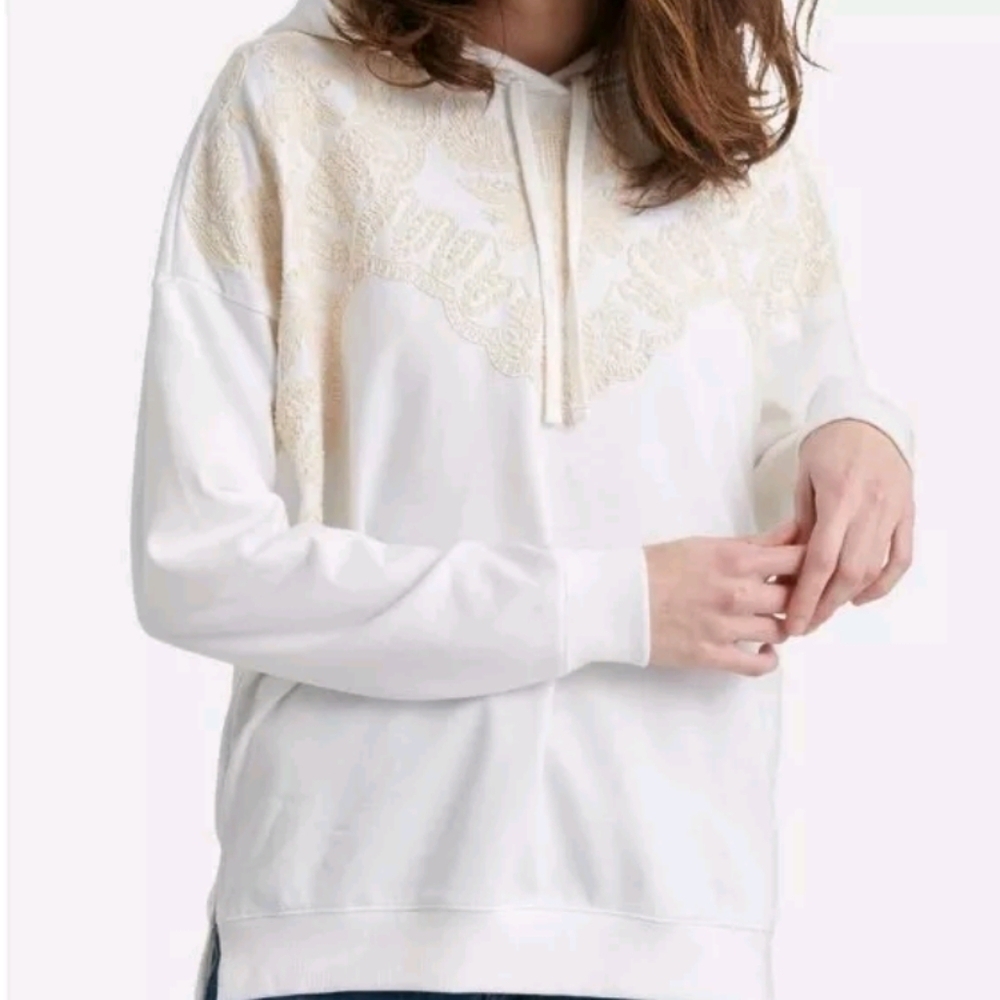 Lucky Brand Cotton Crochet Embroidered Hoodie in White and Cream Large